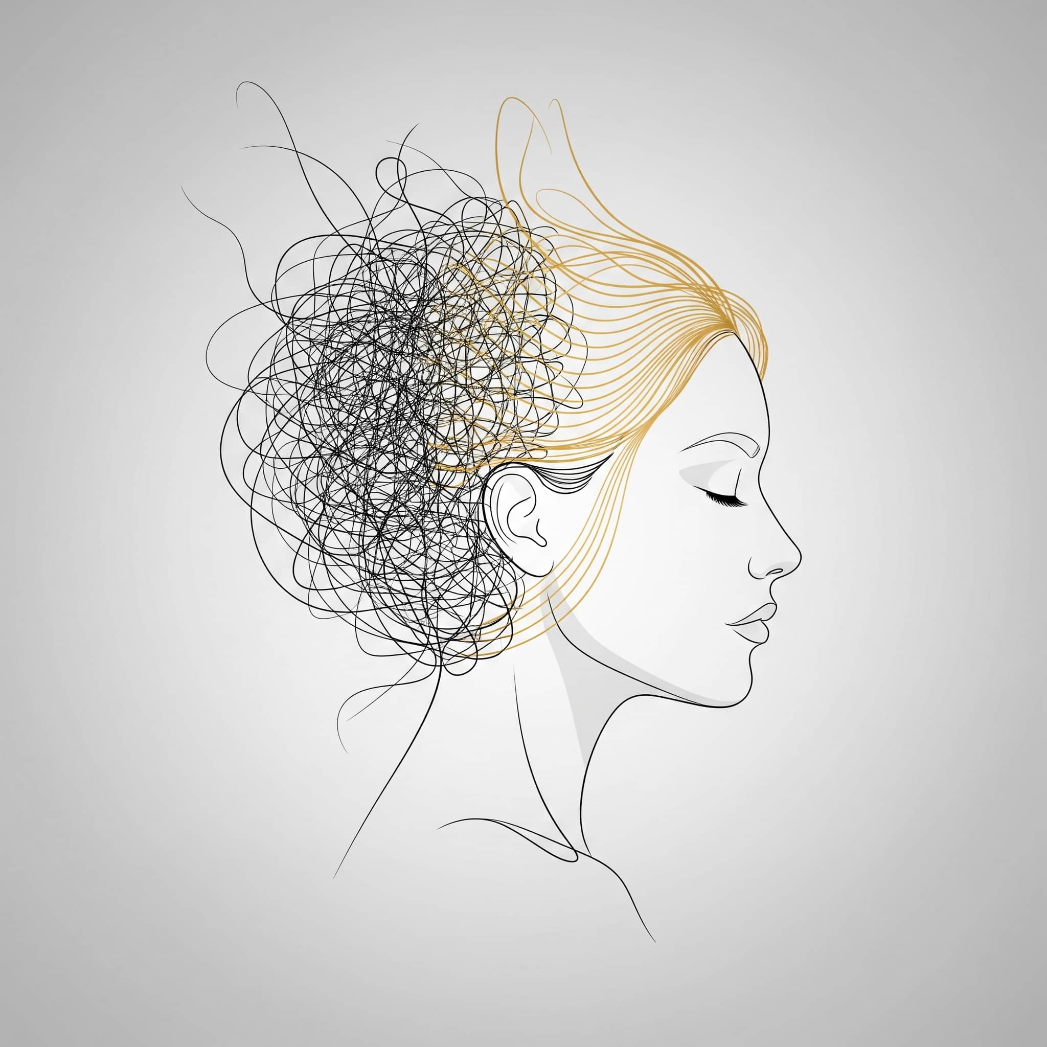 Symbolische Darstellung einer Frau, die im Intensiv-Training 'Eifersucht und Verlustangst loswerden' lernt sich zu befreien, visualisiert durch chaotische Gedanken, die zu Klarheit werden.