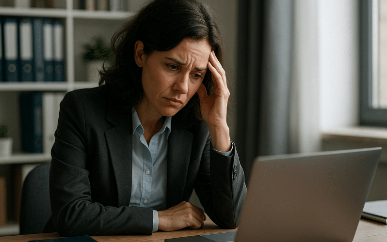 Verlustangst Eifersucht Emotionale Abhaengigkeit Eine Frau blickt gedankenversunken an ihrem Laptop vorbei und überlegt, wie sie ihre emotionale abhängigkeit lösen kann.