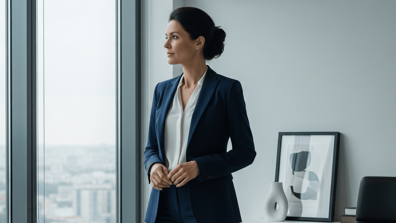 Verlustangst überwinden Eine Geschäftsfrau blickt nachdenklich aus ihrem Bürofenster und fragt sich: Wie kann ich die Verlustangst überwinden?