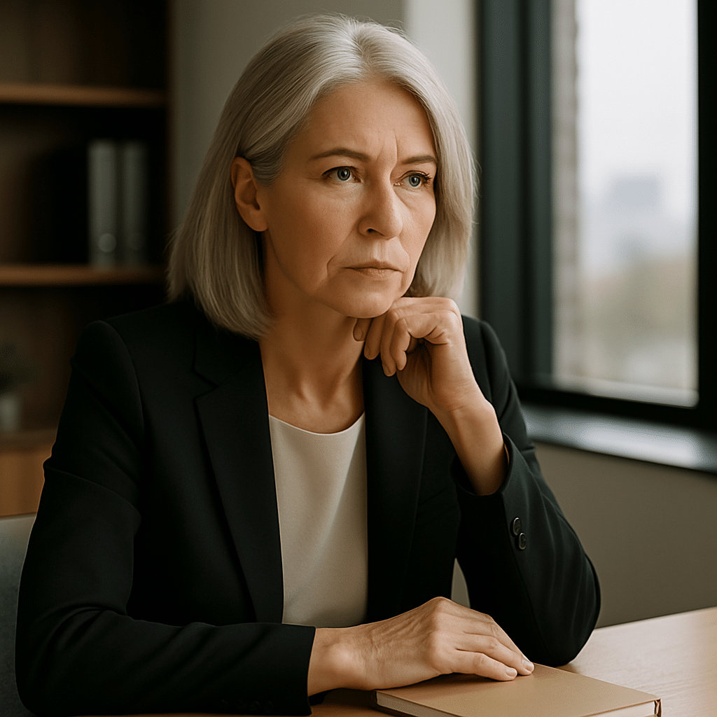 Eifersucht bekämpfen - Frau am Schreibtisch schaut nachdenklich geradeaus und sucht nach Lösungen für ihre Eifersucht