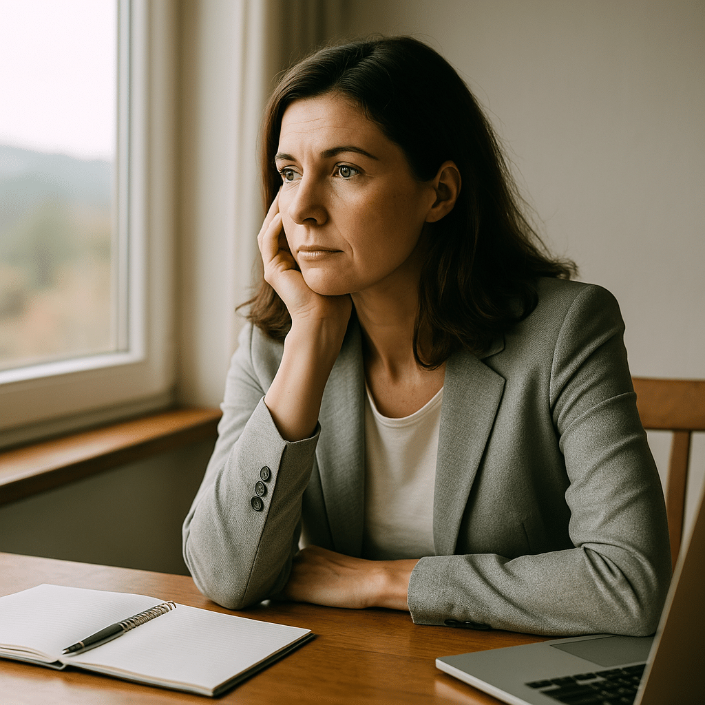 Verlustangst loswerden - Frau am Schreibtisch hört nachdenklich KI-Experten-Analyse über Coaching-Erfolg bei Verlustangst