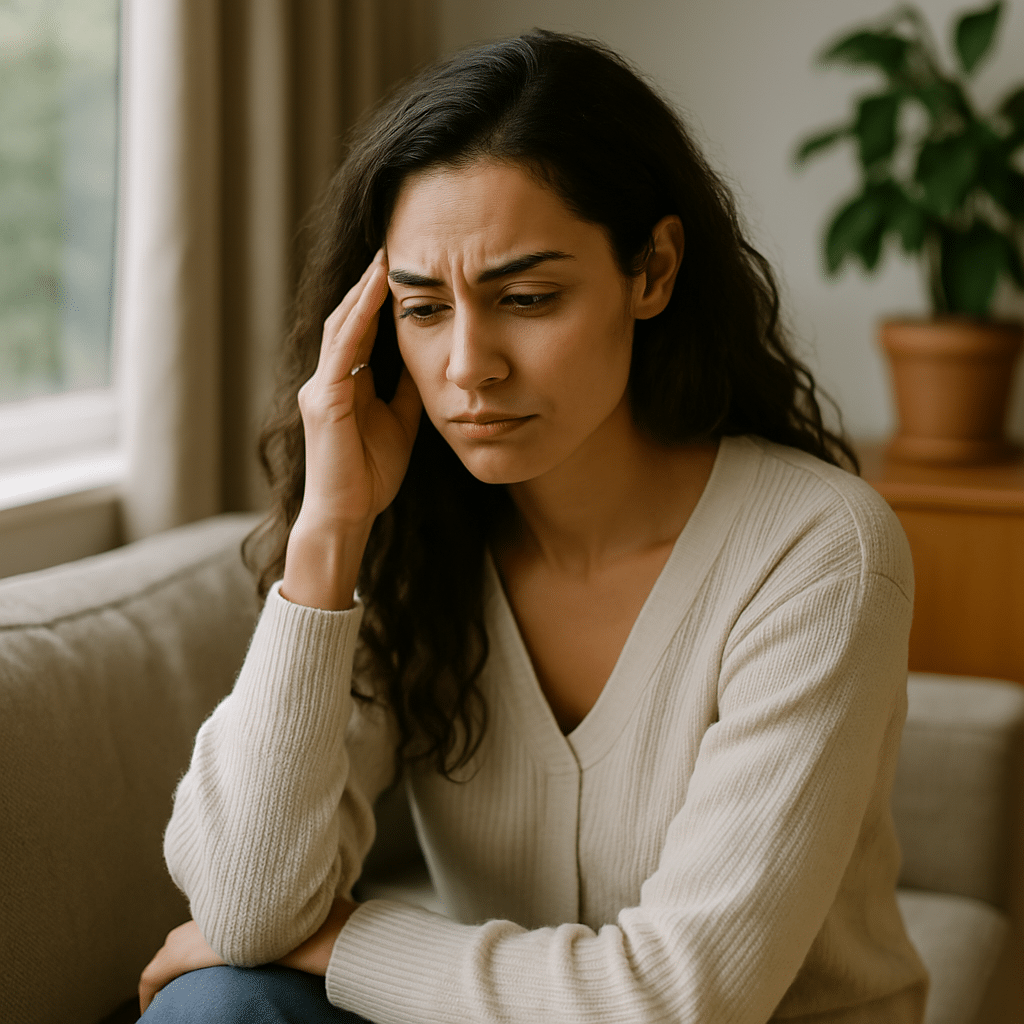 Was tun gegen Eifersucht - Frau sitzt nachdenklich am Schreibtisch und reflektiert über ihre Eifersucht in der Beziehung