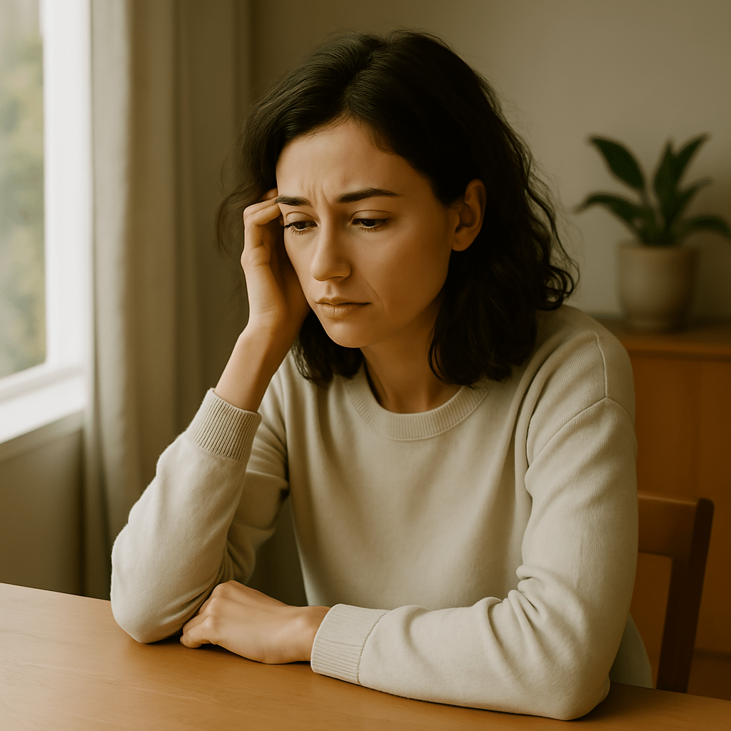 Was kann man gegen Eifersucht tun - Nachdenkliche Frau am Schreibtisch sucht nach Wegen, ihre Eifersucht zu überwinden