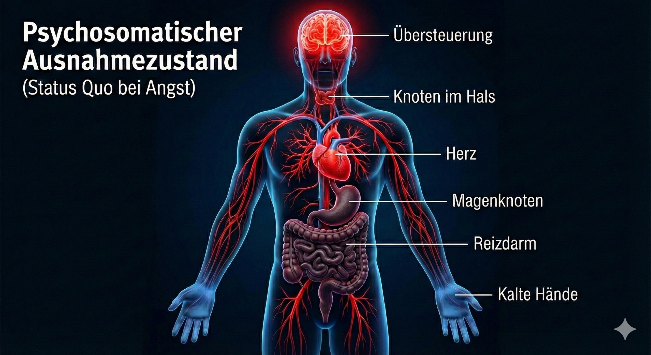 Medizinische Illustration mit dem Titel "Psychosomatischer Ausnahmezustand (Status Quo bei Angst)". Ein rot leuchtendes Gehirn signalisiert Übersteuerung. Rote Nervenbahnen führen zu spezifischen Symptomen, die beschriftet sind: Ein roter "Knoten im Hals", ein gestresstes "Herz", ein dunkler "Magenknoten", ein "Reizdarm" sowie bläulich dargestellte "Kalte Hände".