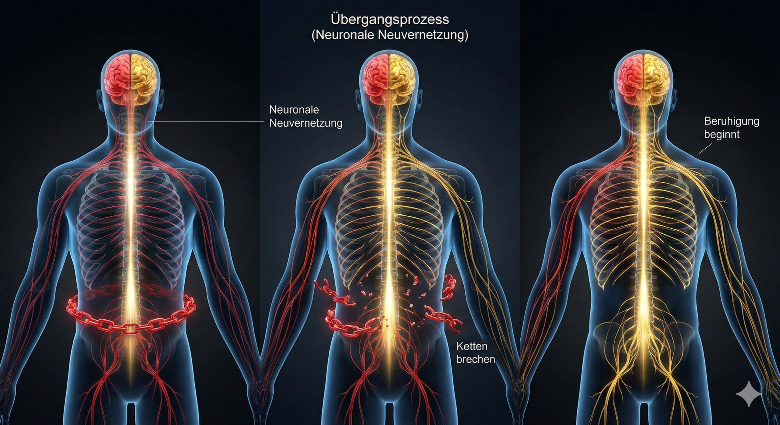 Prozess der neuronalen Neuvernetzung im Gehirn während des Coachings. Alte Angst-Pfade werden gelöst, neue Verbindungen entstehen.