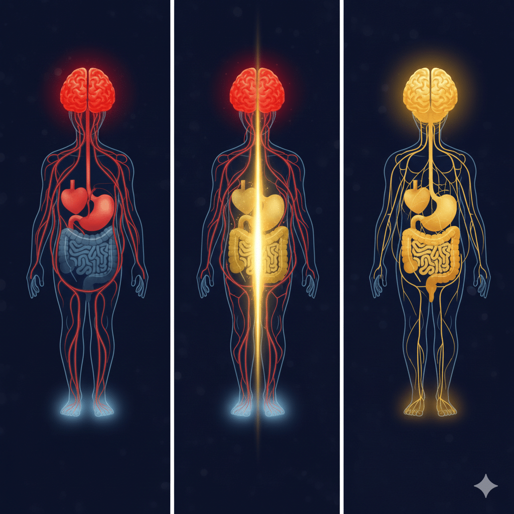 Dreiteilige Infografik zur Psychosomatik bei Verlustangst. Links: Alarmzustand mit übersteuertem Gehirn, Herzrasen und Magenknoten. Mitte: Prozess der neuronalen Neuvernetzung während des Coachings für emotionale Abhängigkeit (Dauer ca. 4-6 Wochen). Rechts: Endzustand der inneren Stärke mit beruhigtem Nervensystem, Balance und gelösten Blockaden.